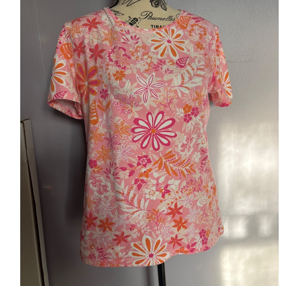 Talbots Tee Pink Orange Floral Short Sleeve Cotton Spandex‎ Top Petite Medium